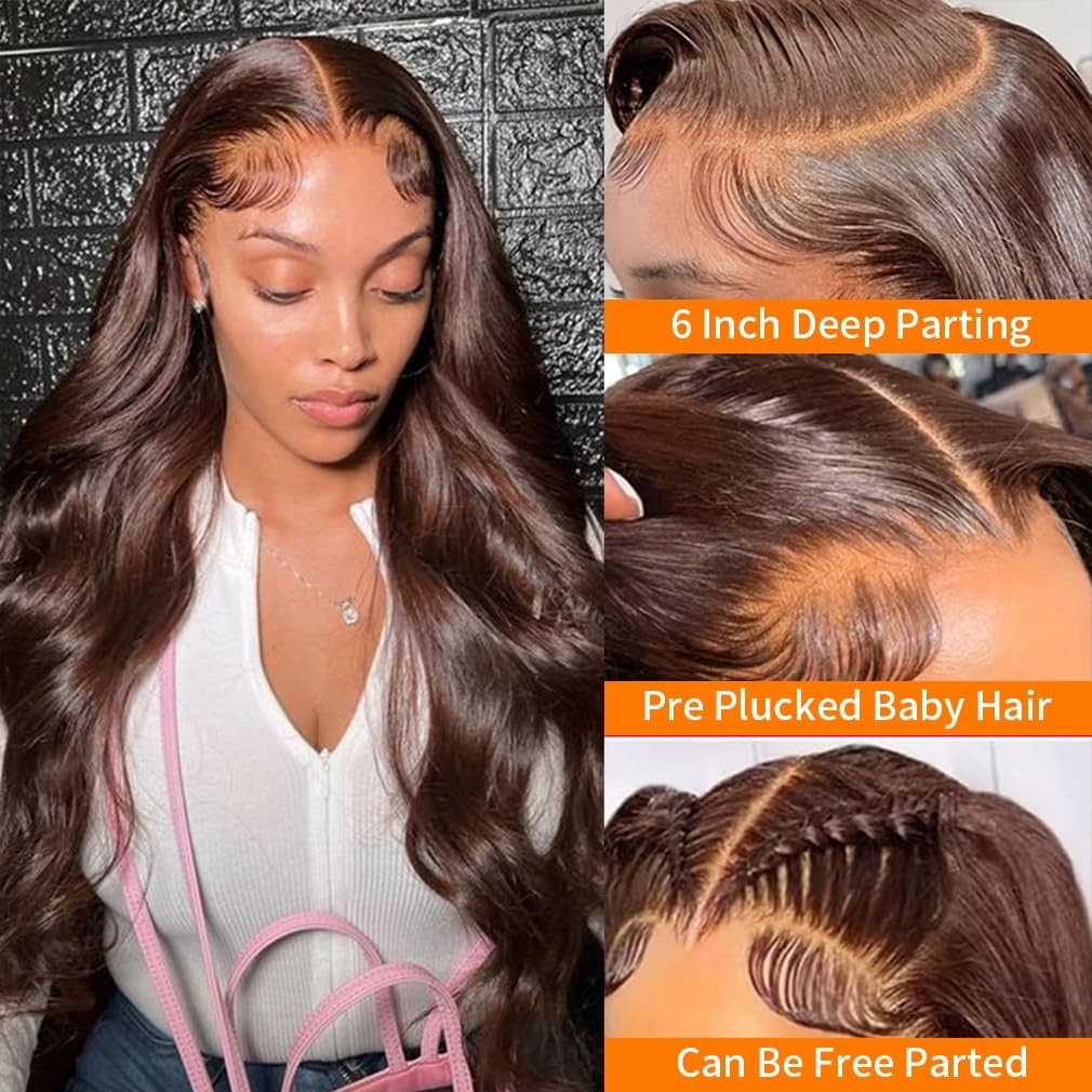 30″ 13×6 Chocolate Brown Lace Front Wig – HD Body Wave, 200% Density, Pre-Plucke