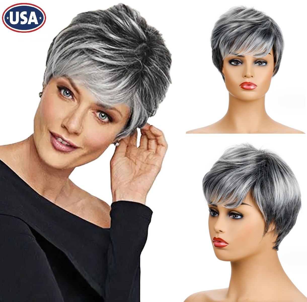 Womens Short Grey Wig Layered Synthetic Heat Resistant Pixie Hair Wig Daily Gift