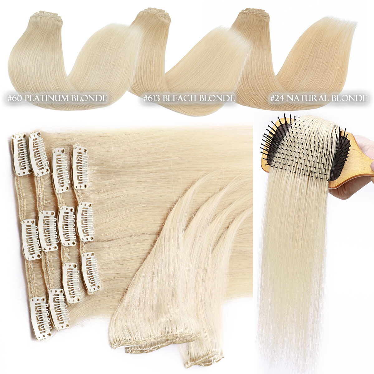 100% Human Hair Clip In Remy Hair Extensions Real Soft FULL HEAD Invisible Grey#