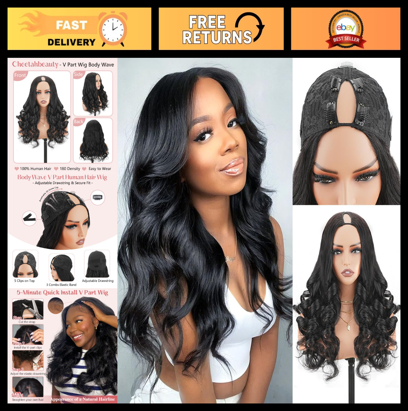 20-Inch Body Wave V Part Wig – 180% Density Glueless Human Hair Half Wig, No Sew