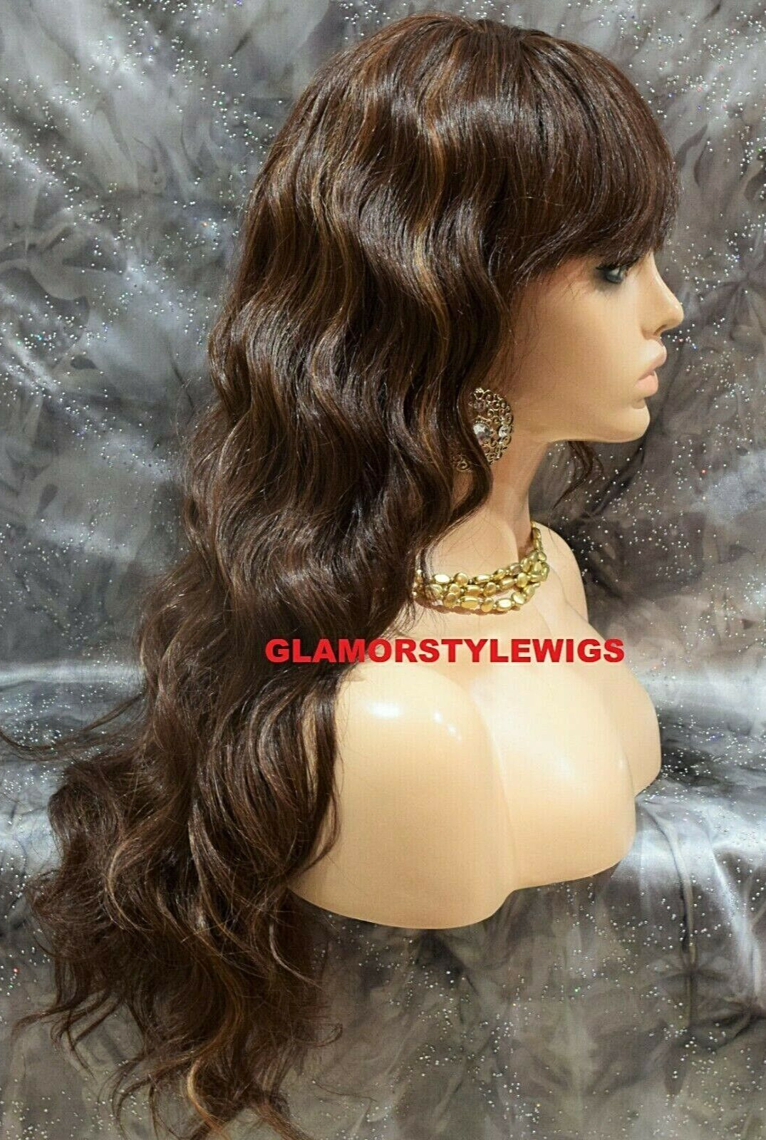 FULL WIG LONG WAVY LAYERED WITH BANGS BROWN AUBURN MIX HEAT OK NWT #FS4.27
