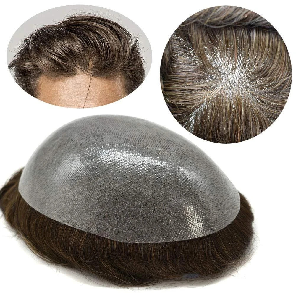 Mens Toupee Human Hair Piece Full Poly Thin Skin Men Hair Replacement Systems