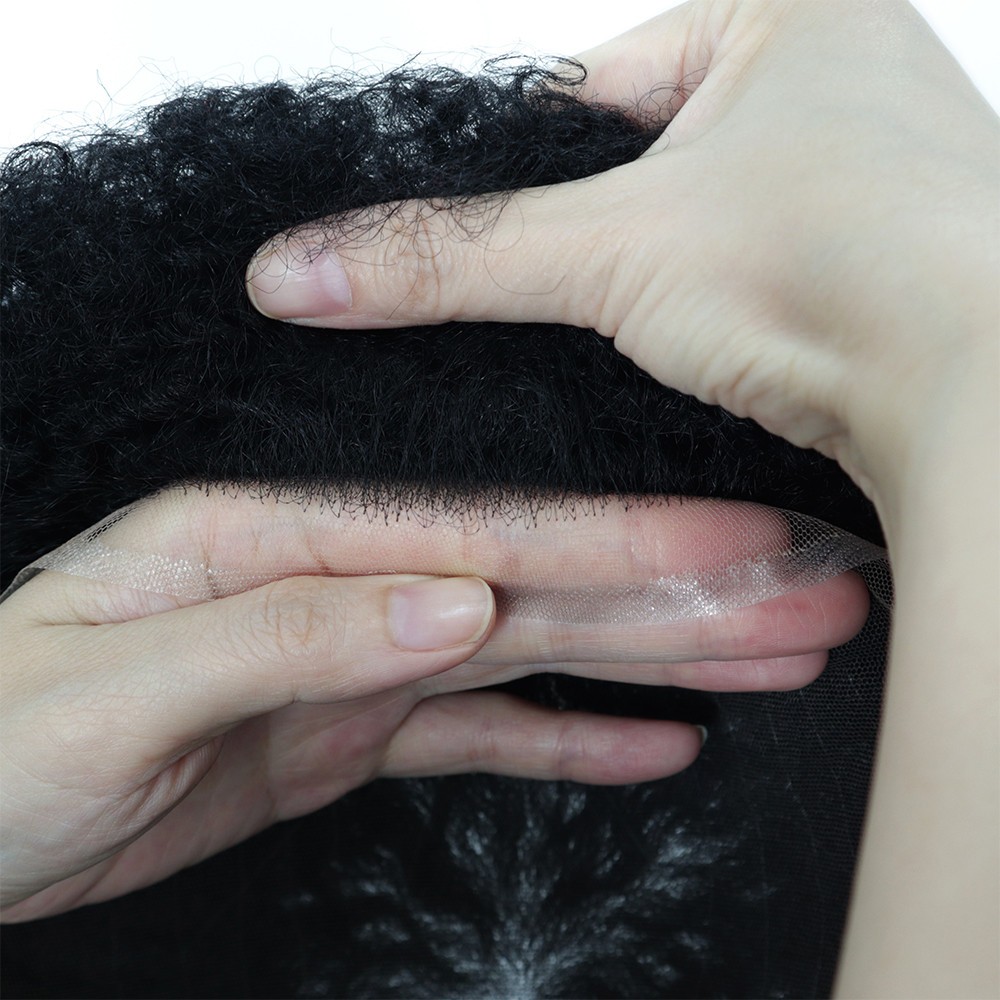 Mens Human Hair System Afro Curl Poly Skin Toupee Curly Black Hair Pieces