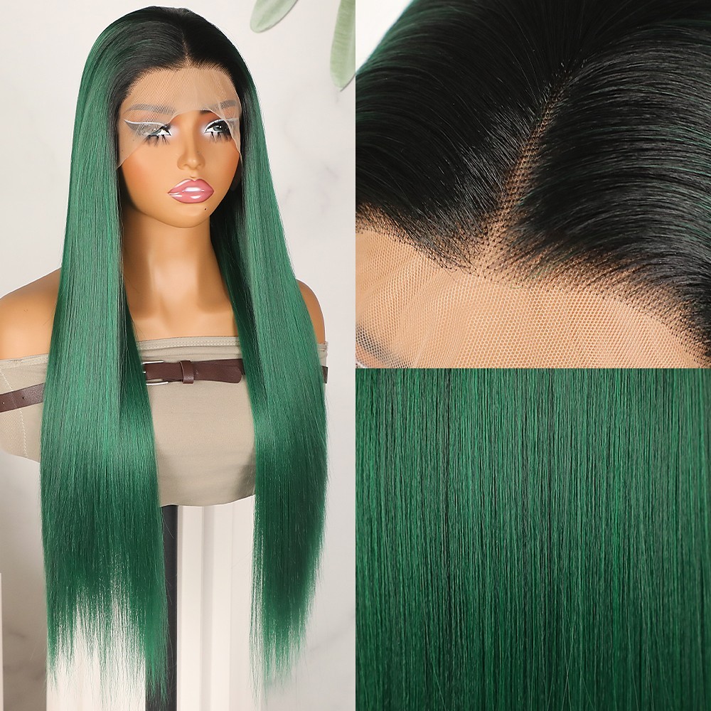 Heat Resistant Lace Front Wigs Glueless Long Silky Straight Hair Ombre Green Wig