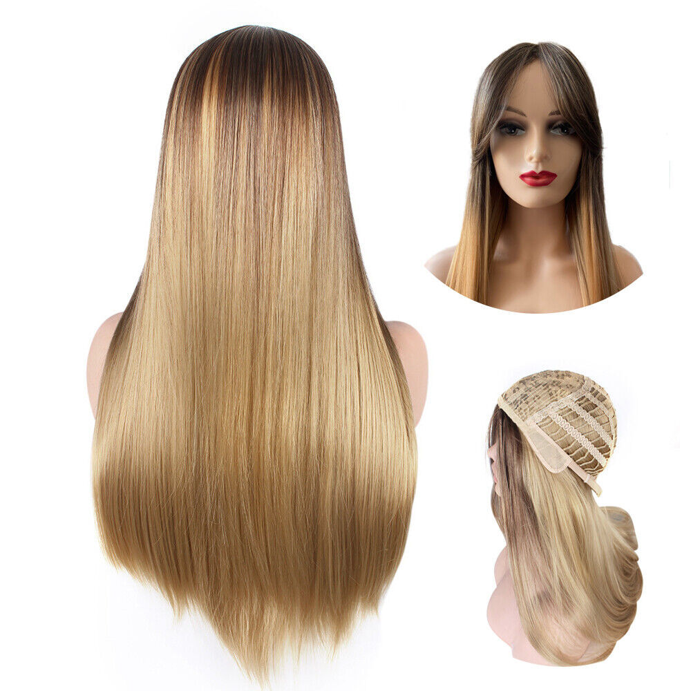 Women Real Long Straight Hair Wigs Ladies Natural Ombre Blonde Cosplay Full Wig