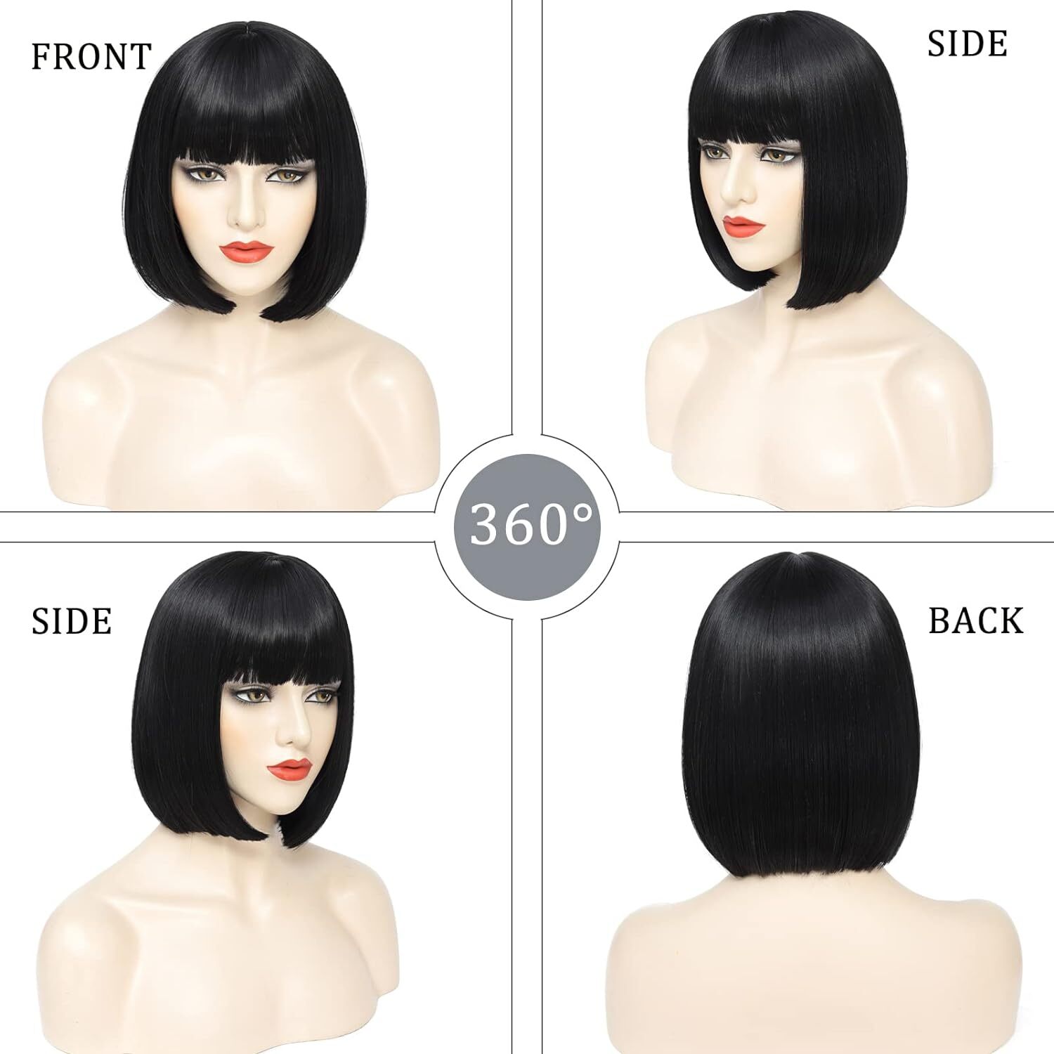 13″ Black Bob Wig with Bangs Short Bob Wigs Women Short Black Wig Heat Daily USA