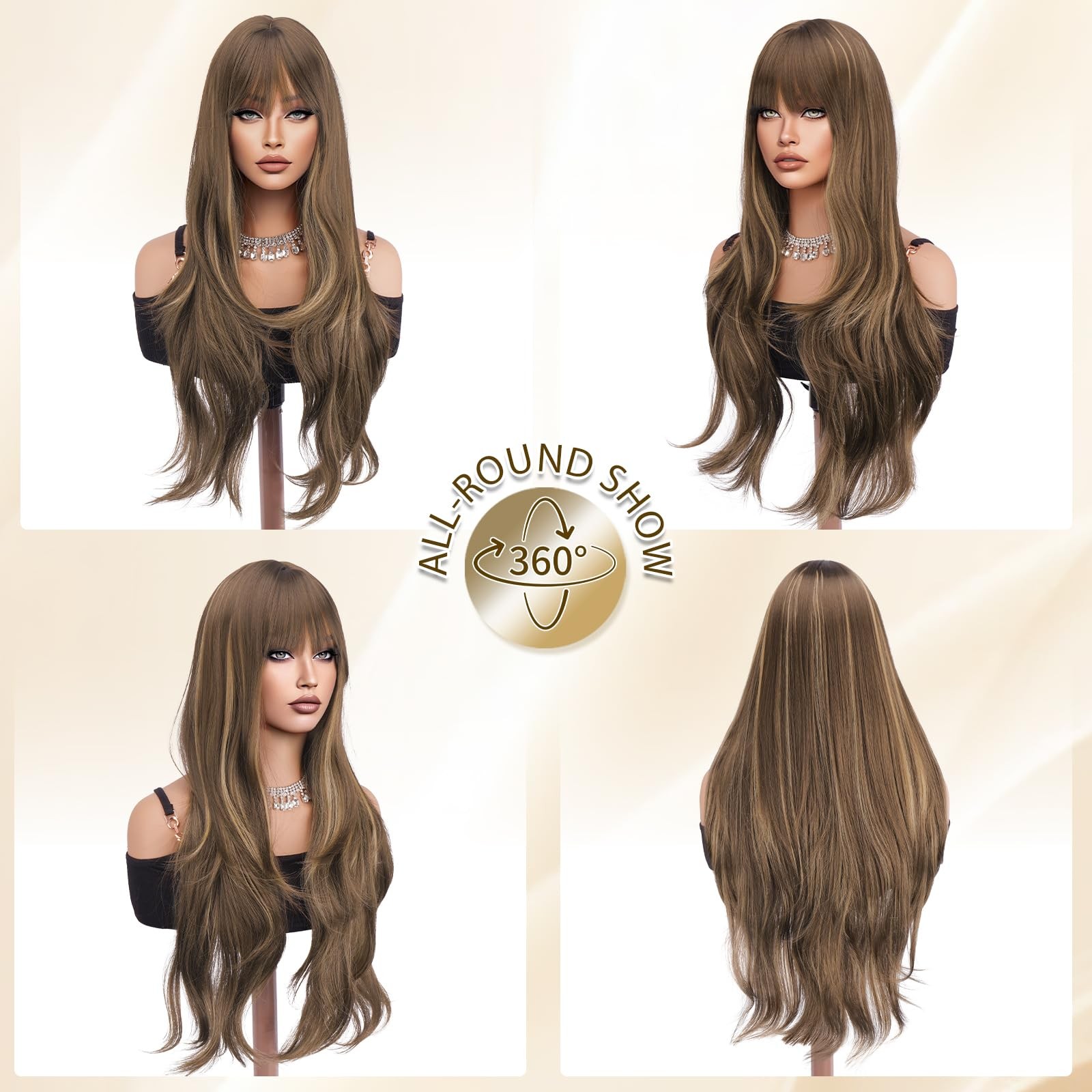 Blonde Brown Wigs with Bangs – Long Layered Natural Looking Synthetic Heat Re…