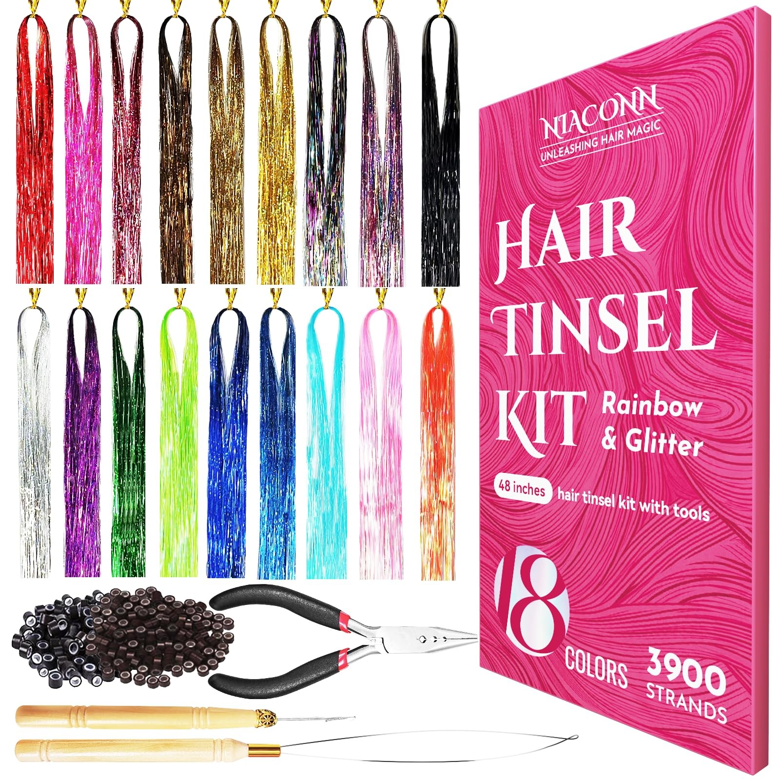 Glitter Hair Tinsel Extensions Kit Long – 47 in, Colorful 18 Colors