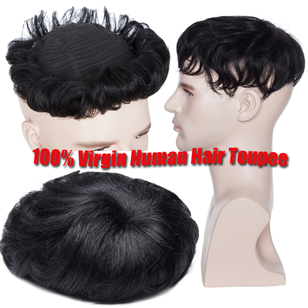 9A Remy Men Toupee Hairpiece Human Hair Replacement Wig Full Poly PU Micro Skin