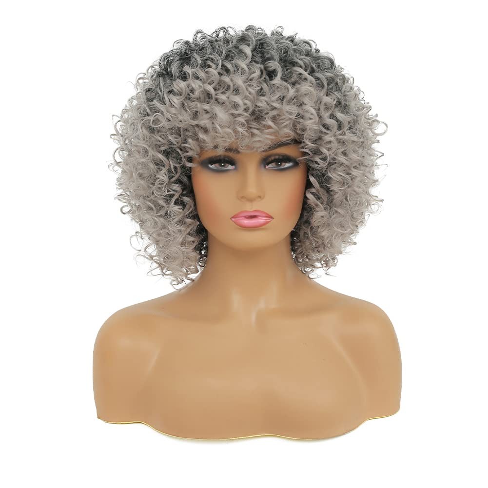 Short Grey Kinky Afro Wig for Black Women Synthetic Mixed Gray Wigs with Bang…