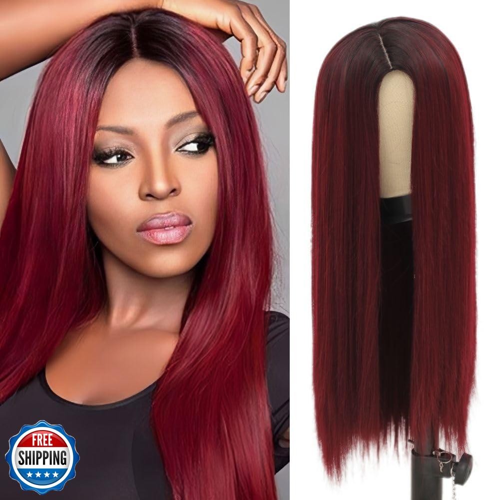 Tseses Ombre Red Long straight Wigs for Women Synthetic Hair Wigs Dark Roots