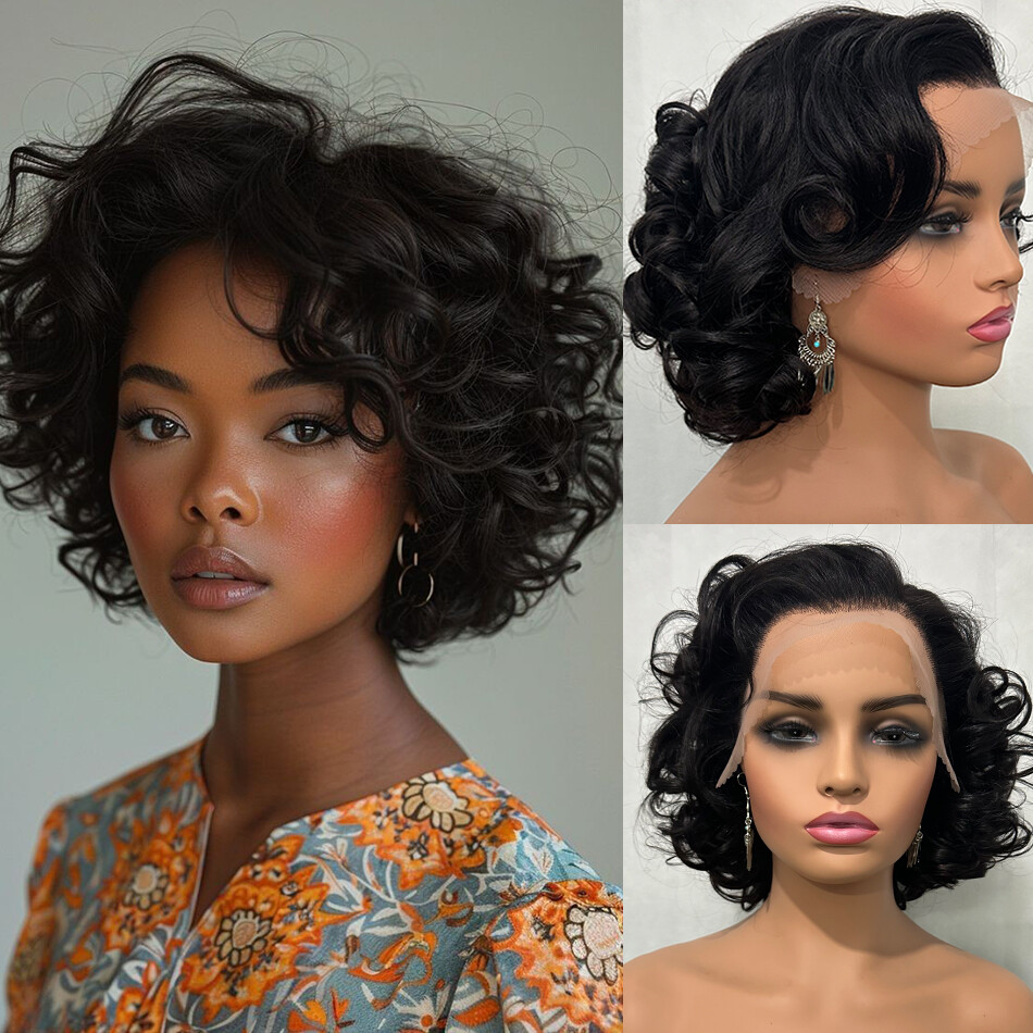 100% Human Hair Wigs 250 Density 10″ Short Bouncy Curly Wavy 4X4 Lace Front Wig