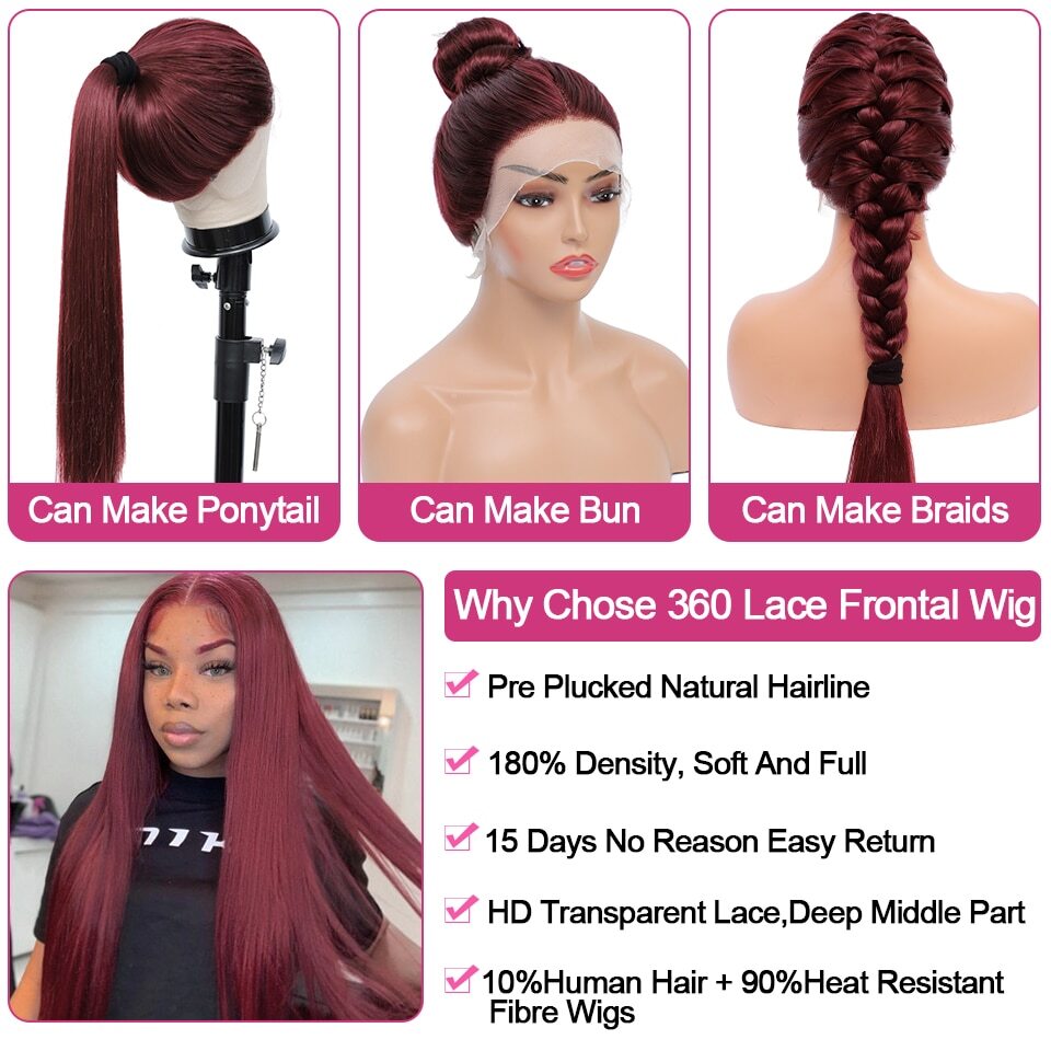 13x4Transparent LaceWigs Synthetic Straight Burgundy Wig Pre Pluck HeatResistant