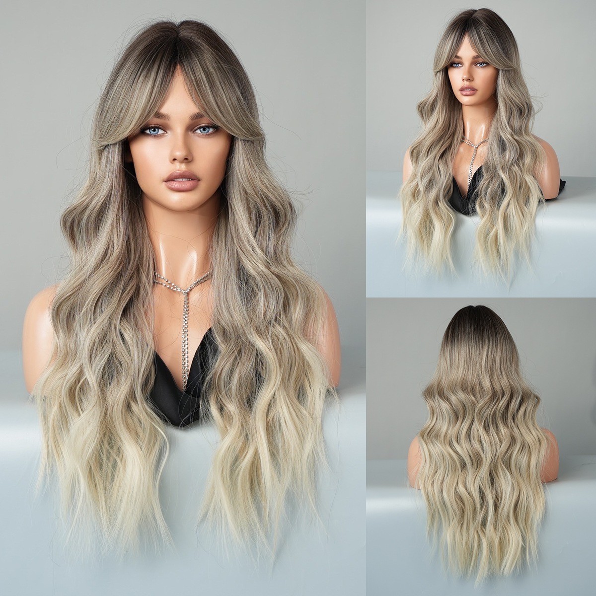 Bronze-golden long curly hair full head cover made of synthetic fiber with waves