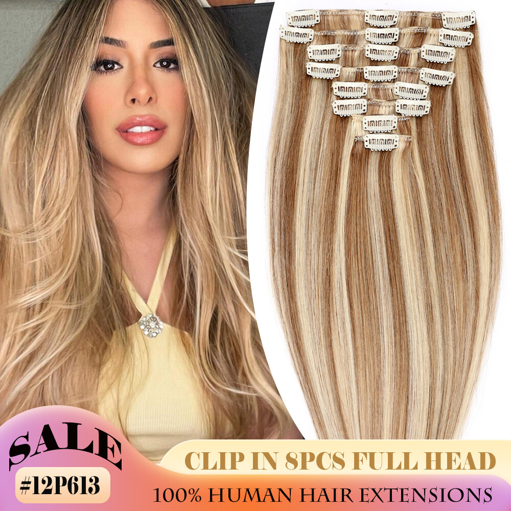 CLEARANCE Clip In Human Hair Extensions Real Remy Hair Invisible Weft Full Head