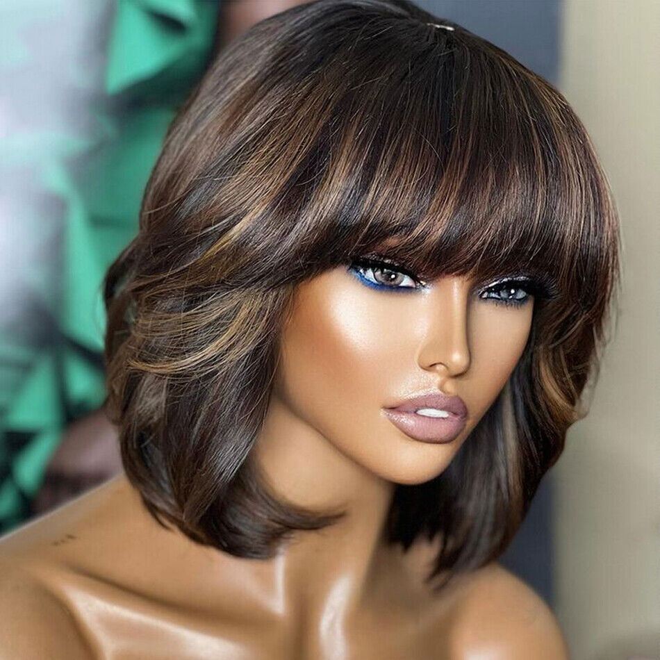 Women Highlight Short Bob Cut 100% Human Hair Wigs with Bangs Full Machine Made