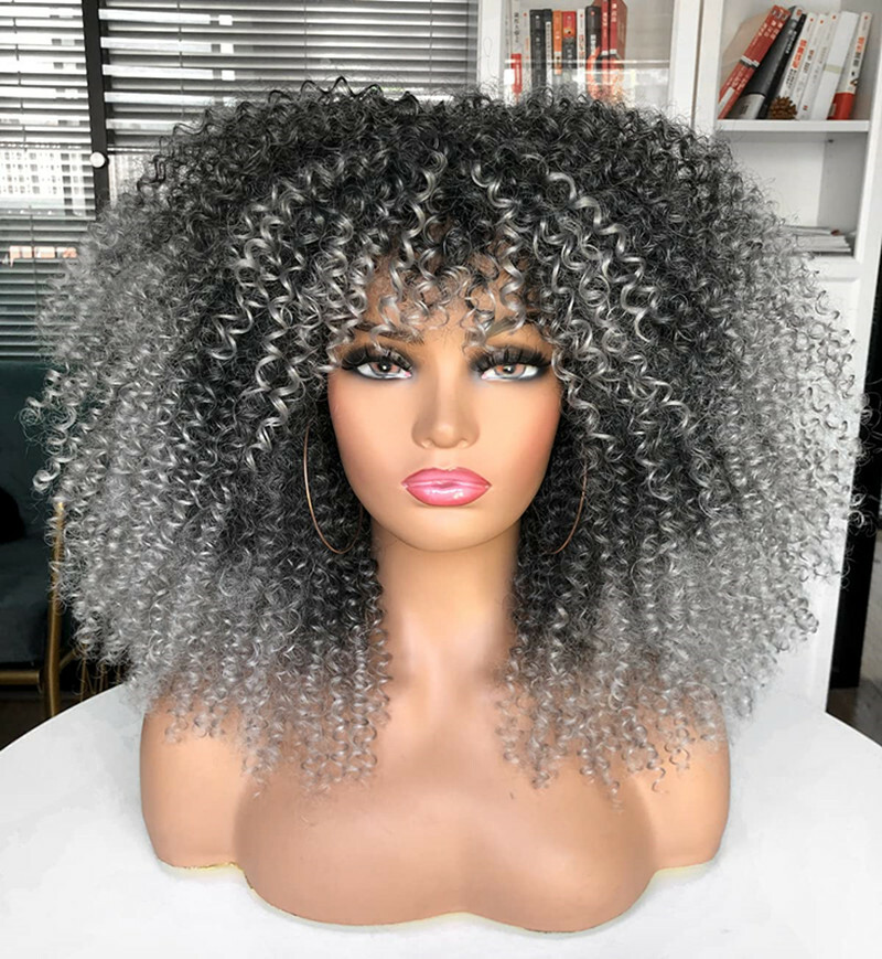 16inch Afro Kinky Curly Wig with Bangs for Black Women No Glue Full and Fluffy