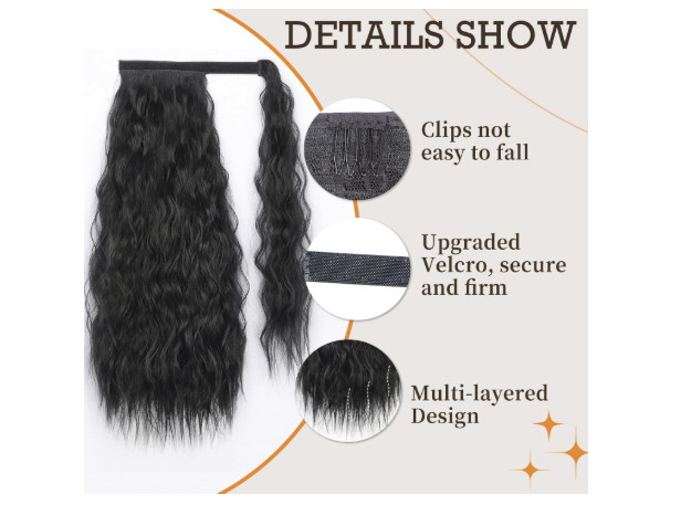 18 In Long Corn Wave Ponytail Extension Heat Resistant Black Stamped Glorious