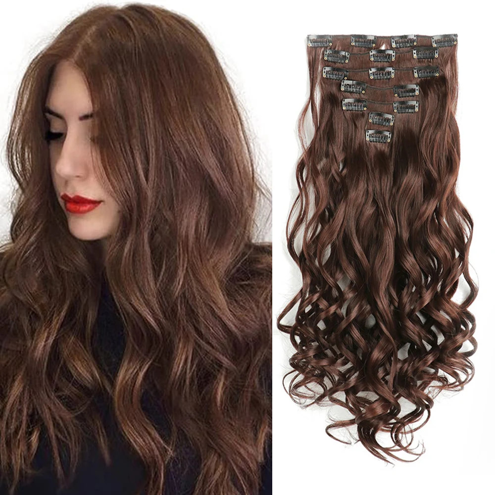 Curly Wavy Clip In Hair Extensions Full Head Synthetic Fake Hair Pieces For Girl