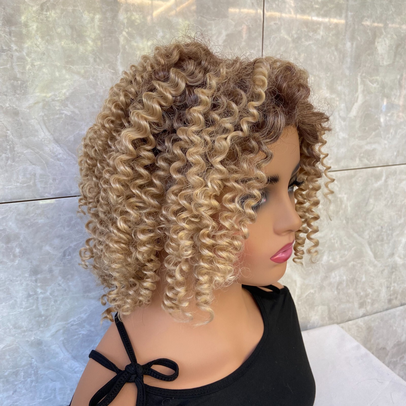 Short Kinky Curly Rooted Blonde Mix Human Hair Blend Heat Ok Wigs Women Soft