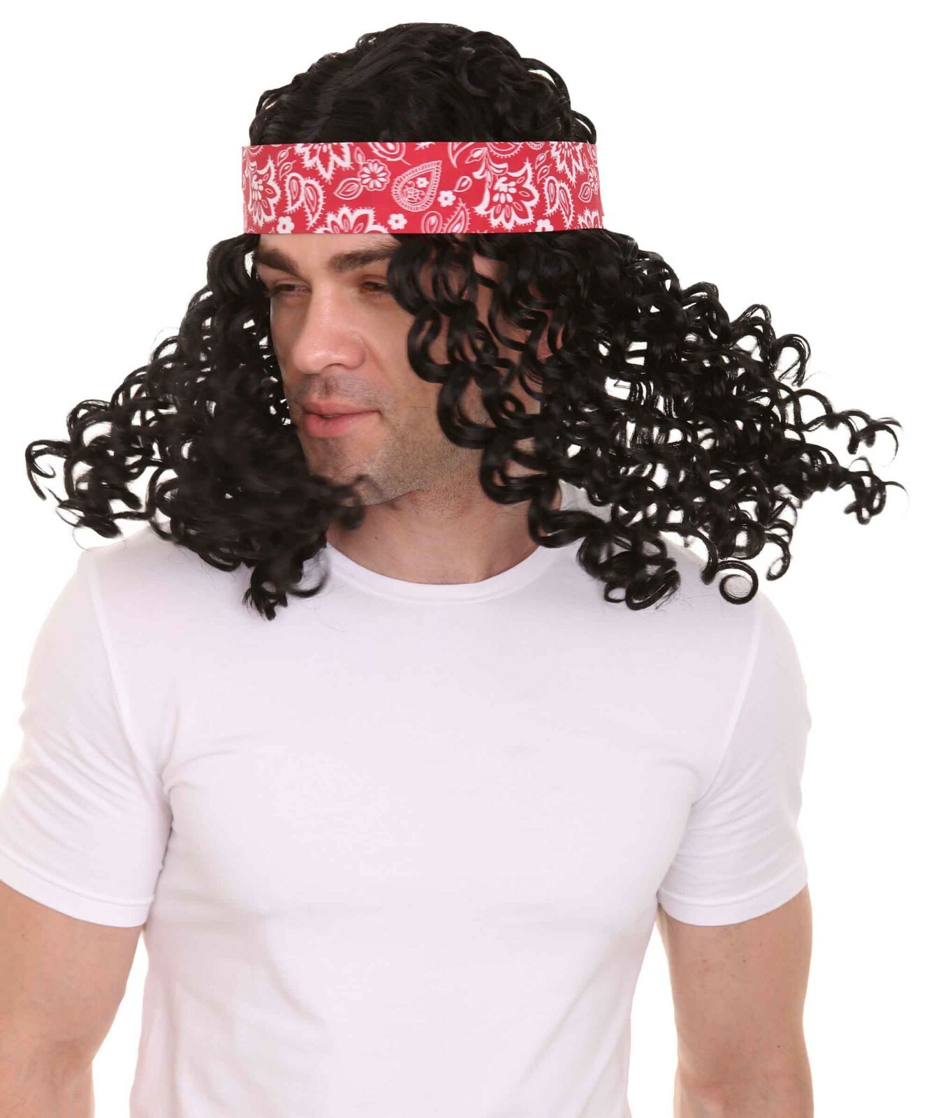 Men Cosplay Party Rock Star Black Wavy Curly Wig Headband Bandana Costume HM-036