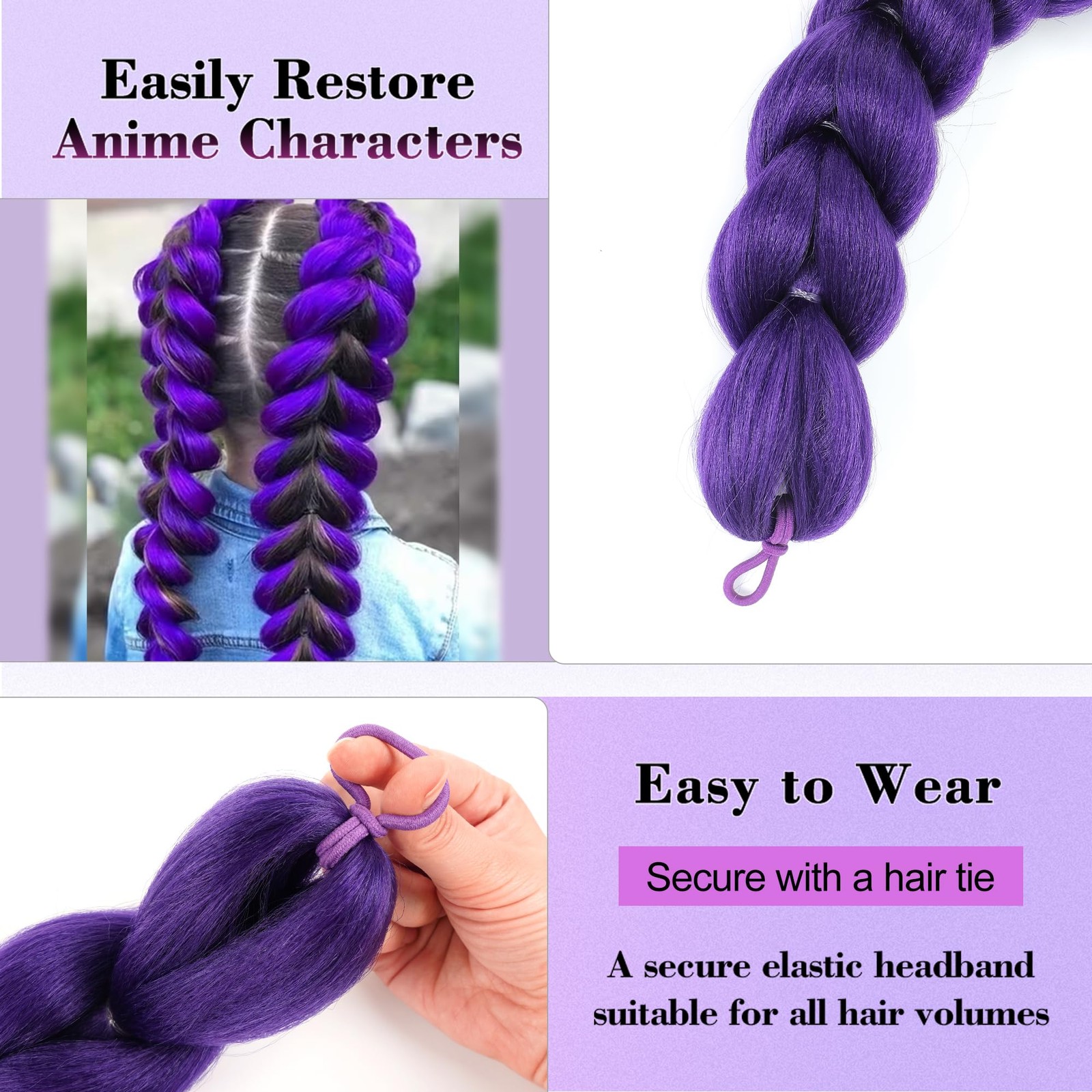 24 inch Purple Braids Ponytail Hair Pre Braiding Hair with Tie Synthetic Purp…