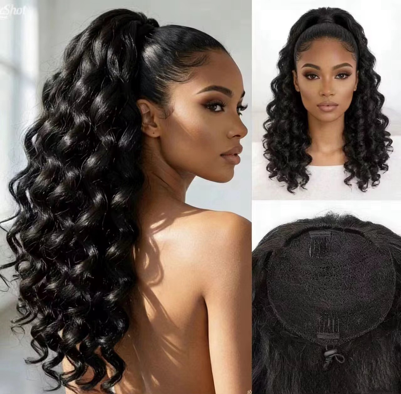 26”long Curly Drawstring Ponytail Extension Synthetic Hair Piece Black 1B