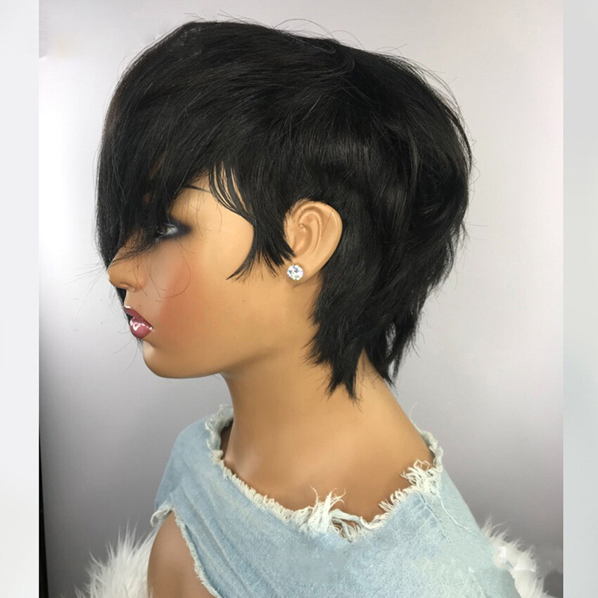 Short Remy Black Human Hair Wigs for Women Pixie Cut Wigs Wave with Side Bangs