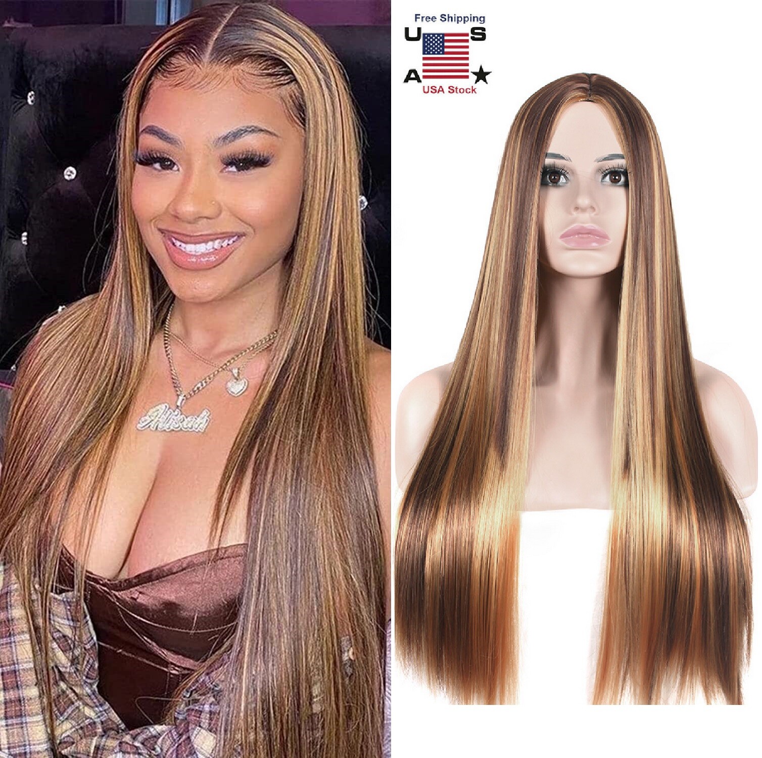 Highlight Brazilian Wig Straight Human Hair Full Wigs Ombre Brown Honey Blonde
