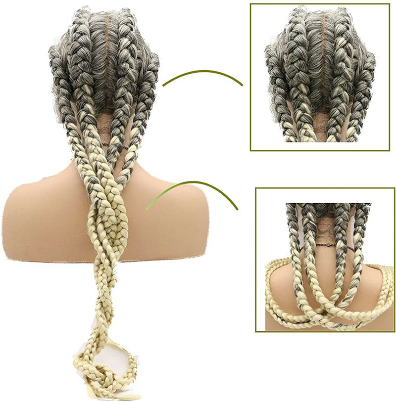 Cornrow Braided Lace Front Wig African Glueless Box Braids Wig Gray Blonded 34”