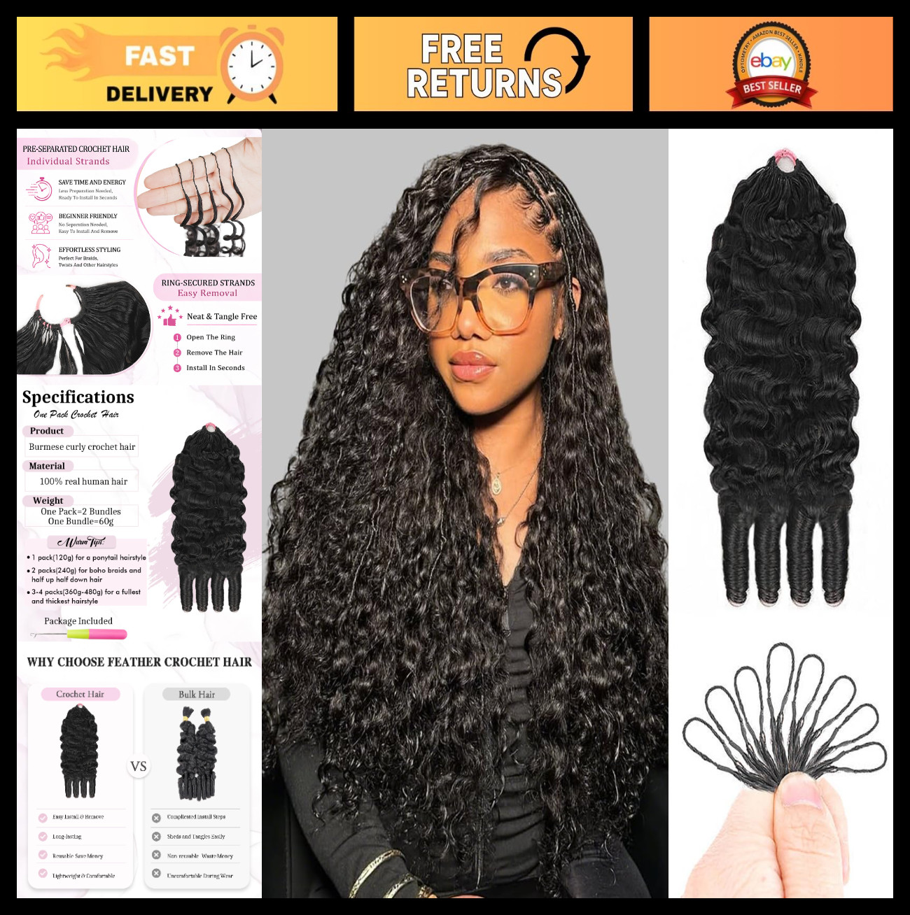 Curly Crochet Hair 120g 22″ Knotless Pre-Separated Bundles for Black Women – Reu