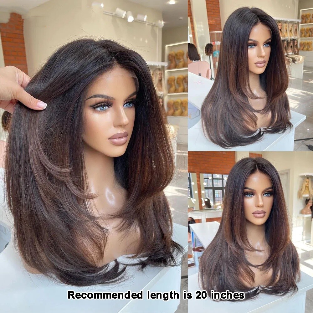 Ombre Brown Layered Wig 100% Human Hair 4×4 Lace Front Remy Wig