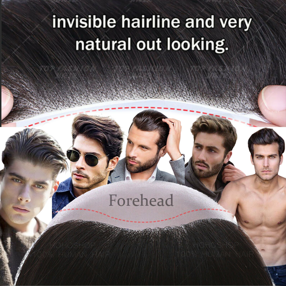 Front Toupet Mens Toupee Human Hair Replacement System PU Base Poly Hairpiece US