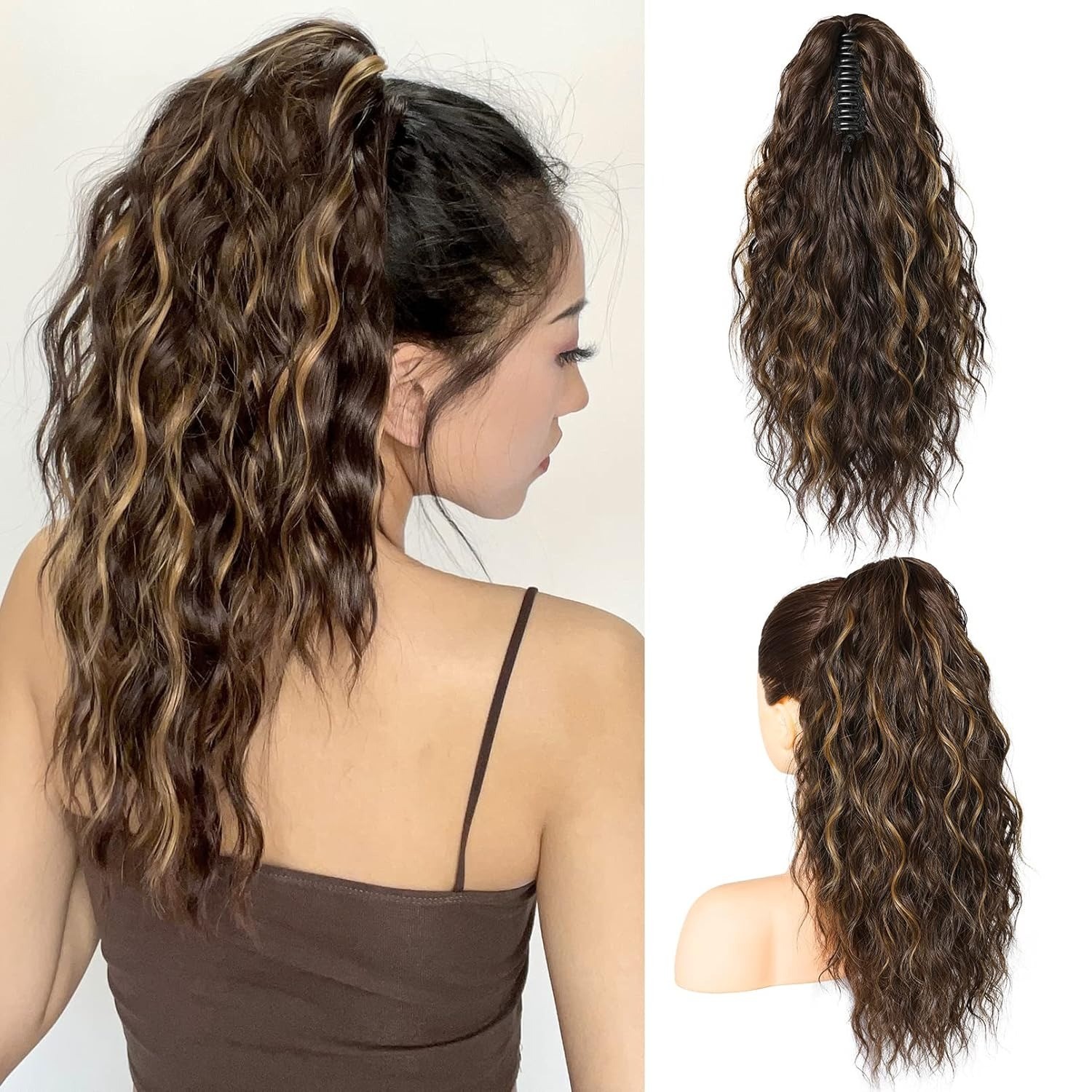 18″ Highlight Ponytail Extension Claw Clip Wavy Thick Hairpiece Chocolate Brown