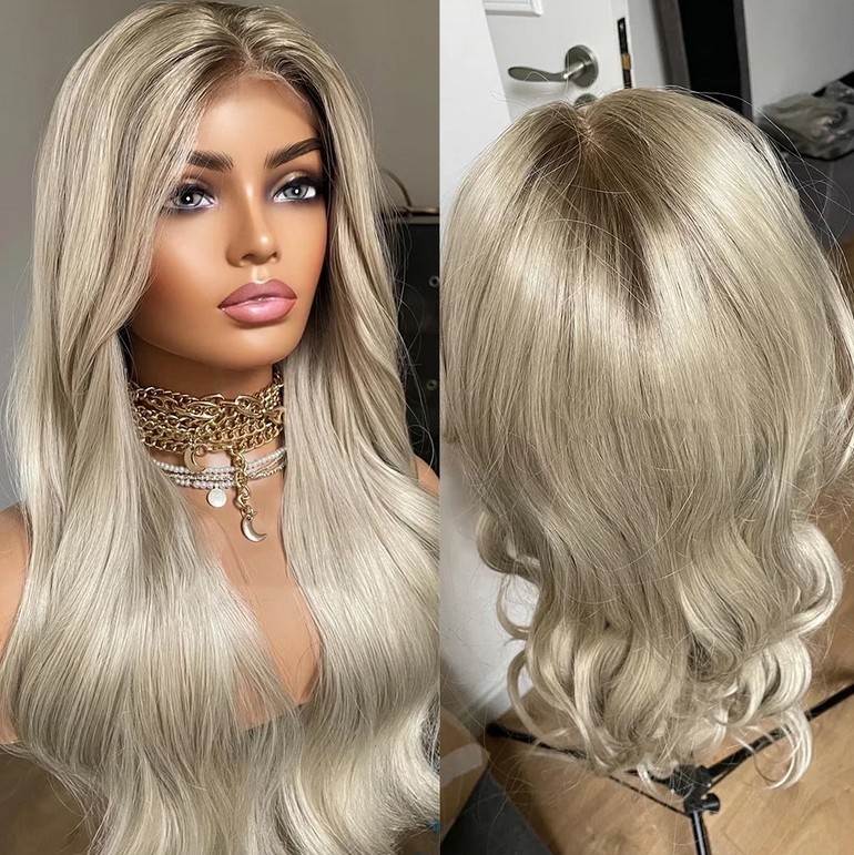 Platinum Blonde 13×4 Lace Frontal Wig With Dark Roots 100% Human Hair Wig