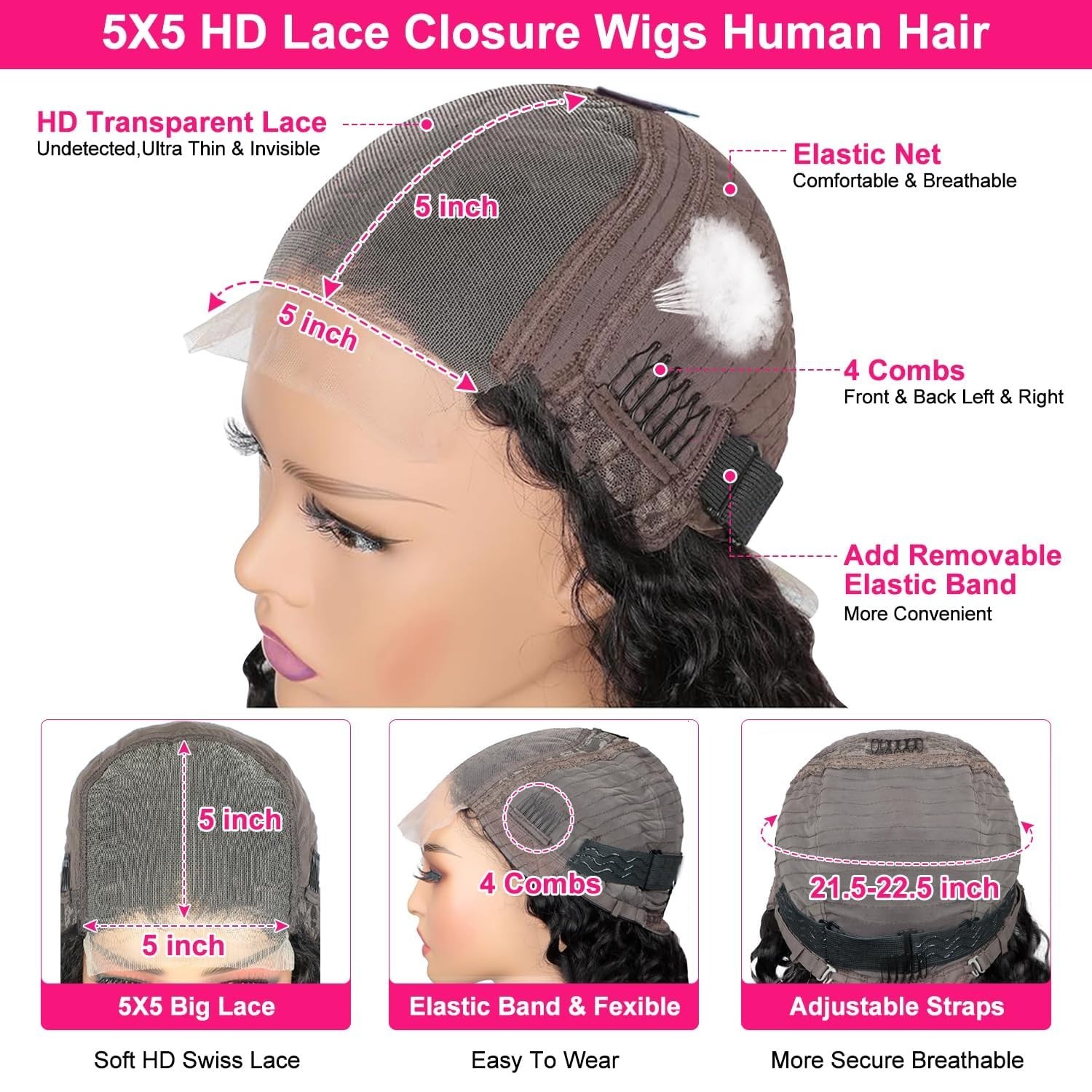 30″ 5×5 HD Lace Closure Wig, Human Hair Deep Wave, Wet & Wavy, 180% Density