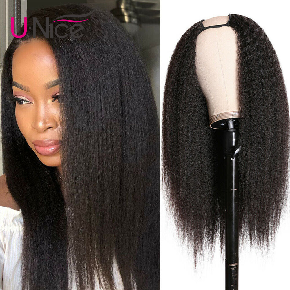 UNice Mongolian Kinky Yaki Straight U Part Human Hair Wig Glueless Wear Go Wigs