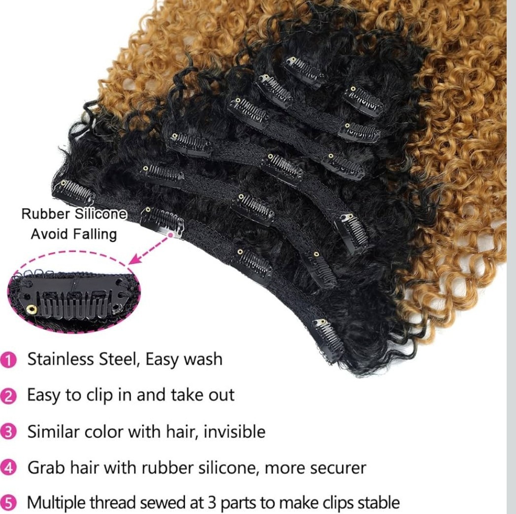 BHF 26″ Kinky Curly Clip-In Hair Extensions, Japanese Heat-Resistant T1B/27
