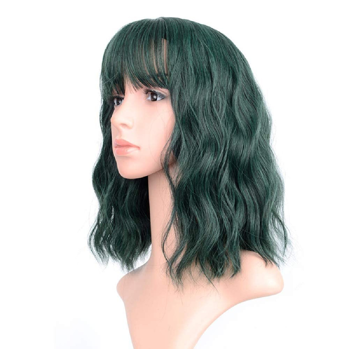 Faelbaty Short Green Wigs Air Bangs Shoulder Length Bob Wig For Women Curly