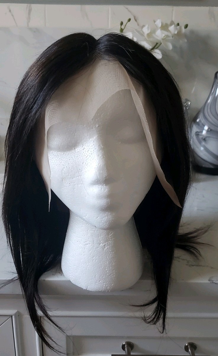 Human Hair Lace Part Wig 14” soft black / darkest brown Adjustable Straps