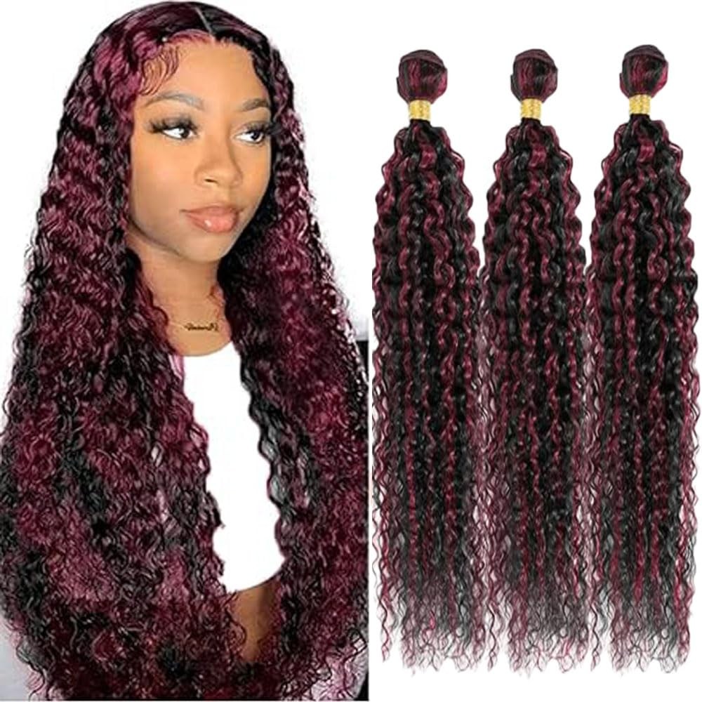 P1B/99J Burgundy Bundles Human Hair 12 14 16 Inch Curly Bundle P1B/99J Highli…