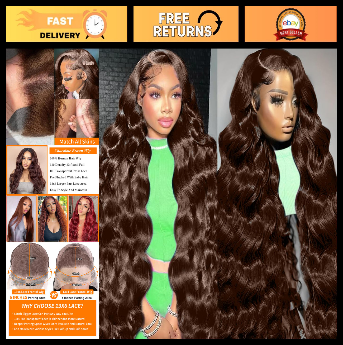 30″ 13×6 Chocolate Brown Lace Front Wig – HD Body Wave, 200% Density, Pre-Plucke