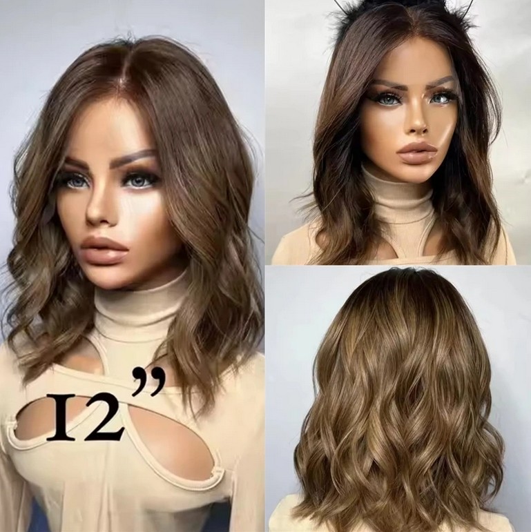 Short Wave Bob Ombre Brown Blonde Lace Front Wig 100% Human Hair Wigs