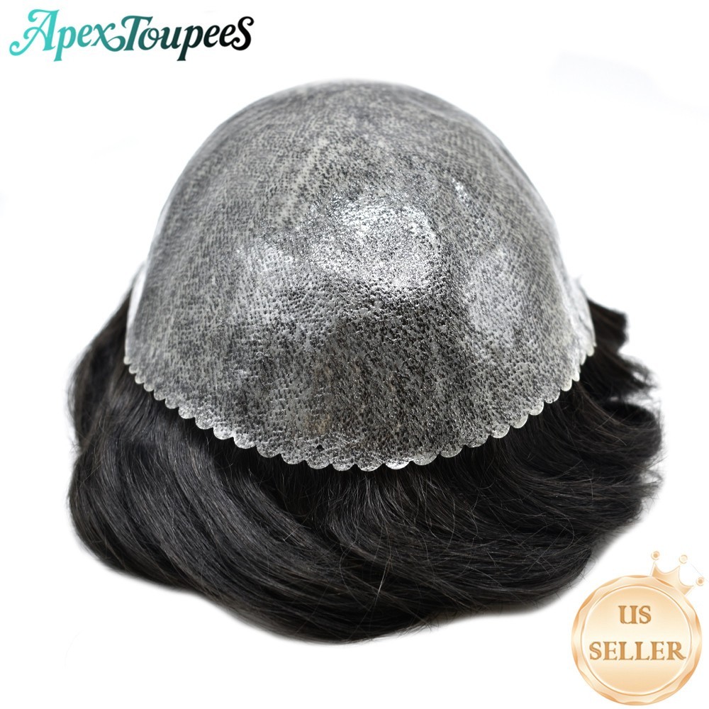 Mens Toupee Human Hair System Replacement Injected Poly Skin Pu Unit Wig for Men