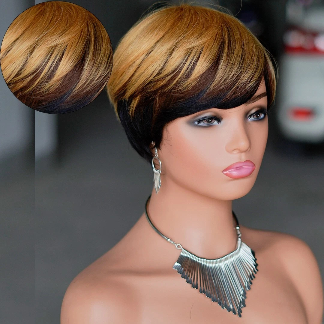 6″ Short Straight Layered Ombre Blonde Pixie Cut Wig Human Hair Wig for Black