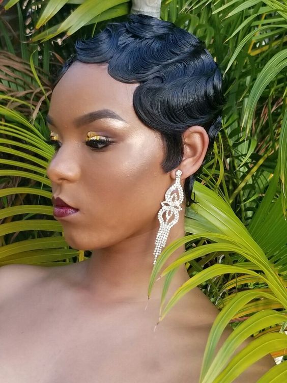 Black Finger Wave Human Hair Wig Lace Front Wigs L Part Glueless Wig