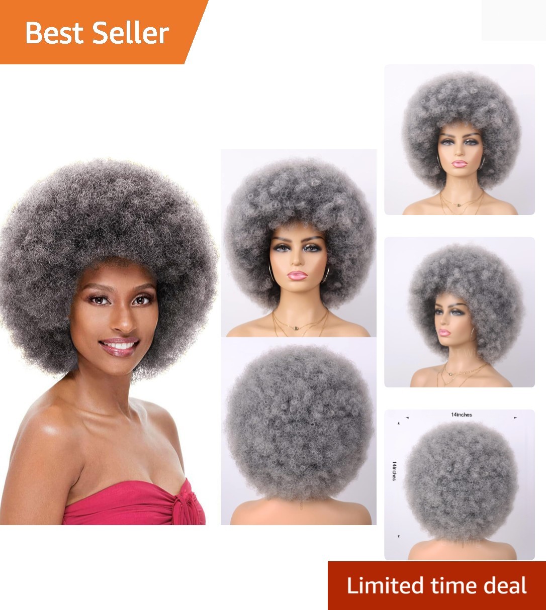 70s Dark Grey Afro Curly Wigs for Unisex Men Women Glueless Wear and Go Wig L…