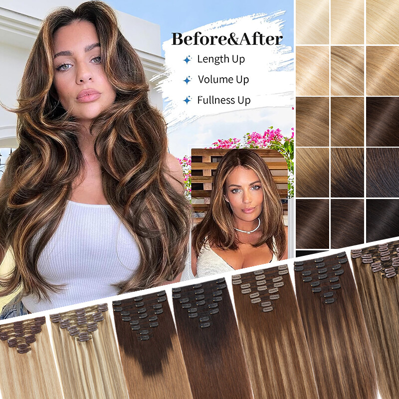 Thick Double Weft Clip In Real Remy Human Hair Extensions Full Head Highlight US