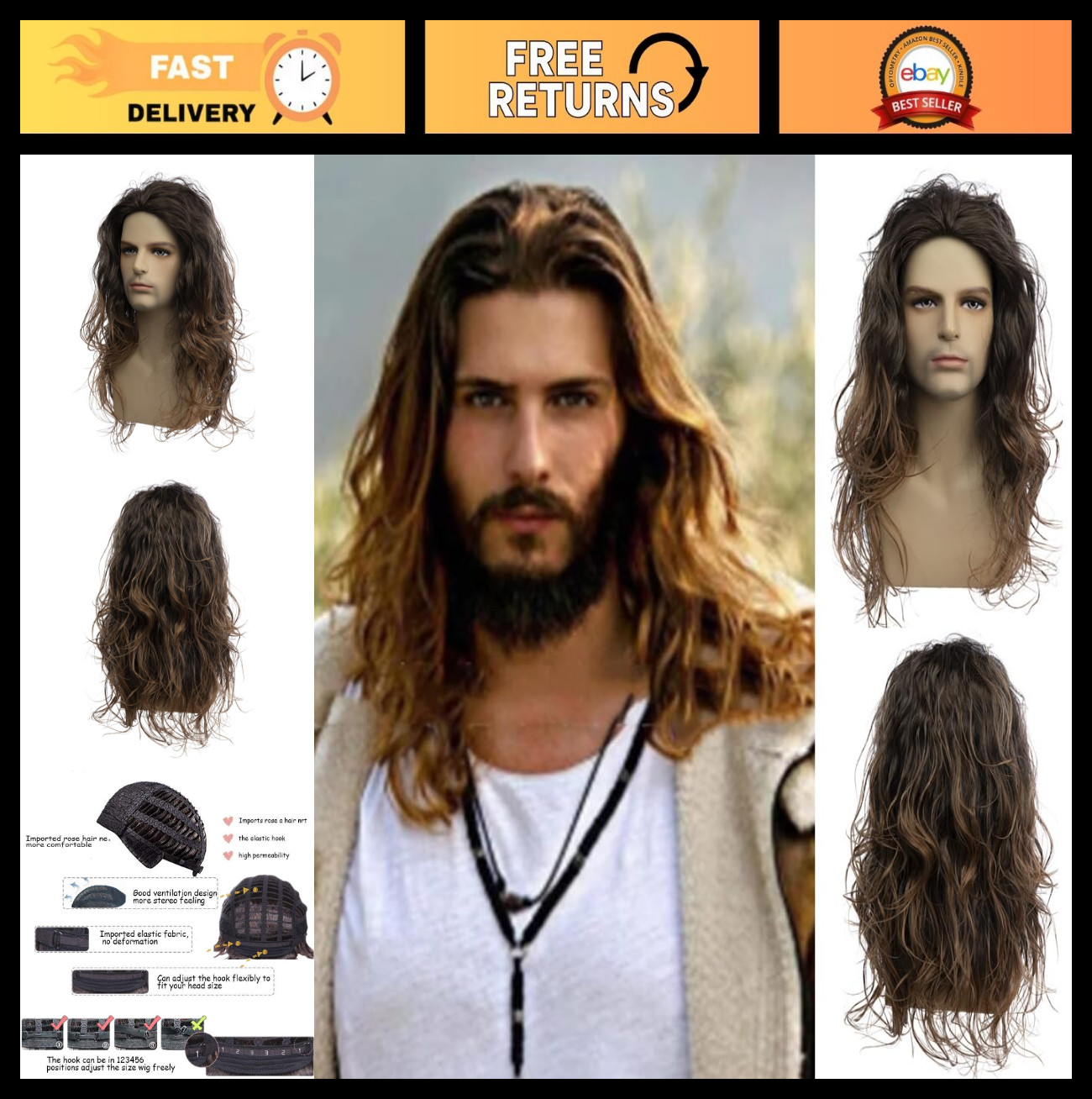 Men’s Long Curly Wavy Brown Synthetic Wig – Natural Look for Party, Halloween, C