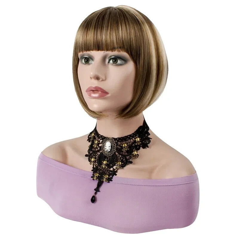 Women’s Gold Blonde Mixed Brown Highlights Short Bob Straight Wig Synthetic Hair